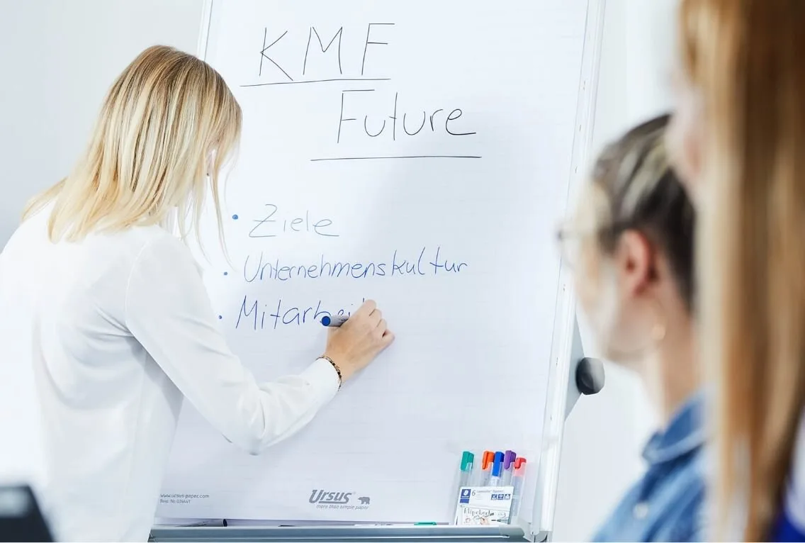 KMF-Team bei einem Workshop vor dem Whiteboard KMF Future